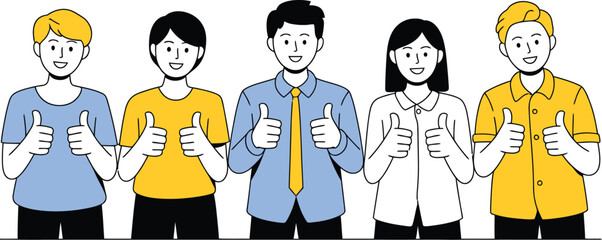 Five cartoon people giving thumbs up with different shirts and hair colors