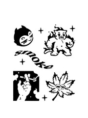 Cool line art with smoking hands, wild cat, and trippy leaf face