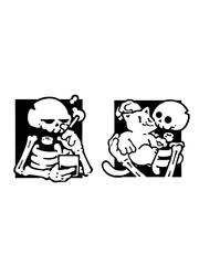 Funny skeletons drinking tea and cuddling cats, cute gothic line art