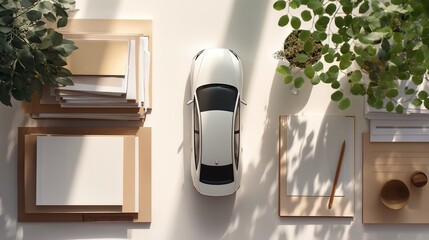 Auto Insurance Concept with Car Model and Documents Arranged Neatly on a Warm Desk Surface