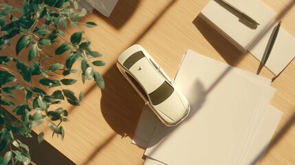 Auto Insurance Concept with Car Model and Documents Arranged Neatly on a Warm Desk Surface
