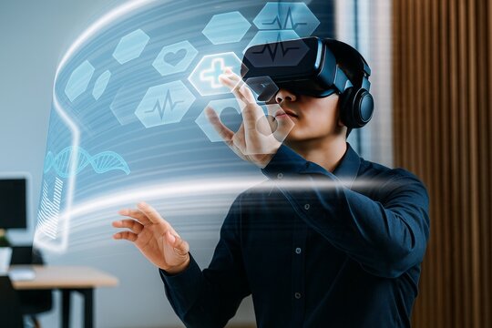 Man Using Virtual Reality Headset for Medical Data Analysis Futuristic Technology Modern Healthcare Innovation Digital Interface Advanced Medical Research Science Visualization Medical Technology      - Powered by Adobe