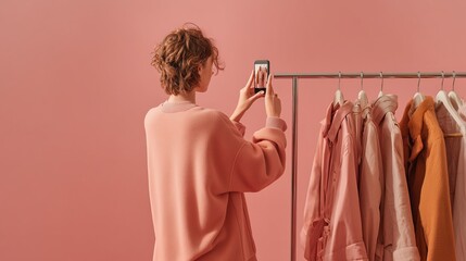 Clothing Seller Stages Folded Thrift Finds for Product Photography Before Uploading to Platform