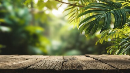 Empty Wooden Table Framed by Lush Tropical Leaves and Sunlit Forest for Natural Depth Scene