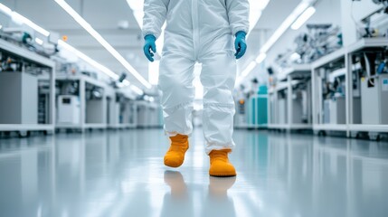 A professional in an all-white suit walks confidently through a cleanroom, highlighting the importance of precision and hygiene in a sterile scientific setting for innovation.
