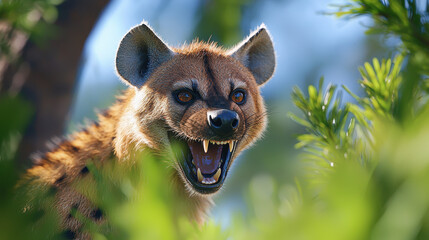 Obraz premium Photorealistic image of hyena laughing wild, showcasing its sharp teeth and expressive features. vibrant greenery adds to
