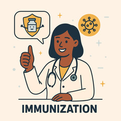Flat Style vector Illustration of a Smiling Female Doctor Promoting Immunization with a Vaccine Icon