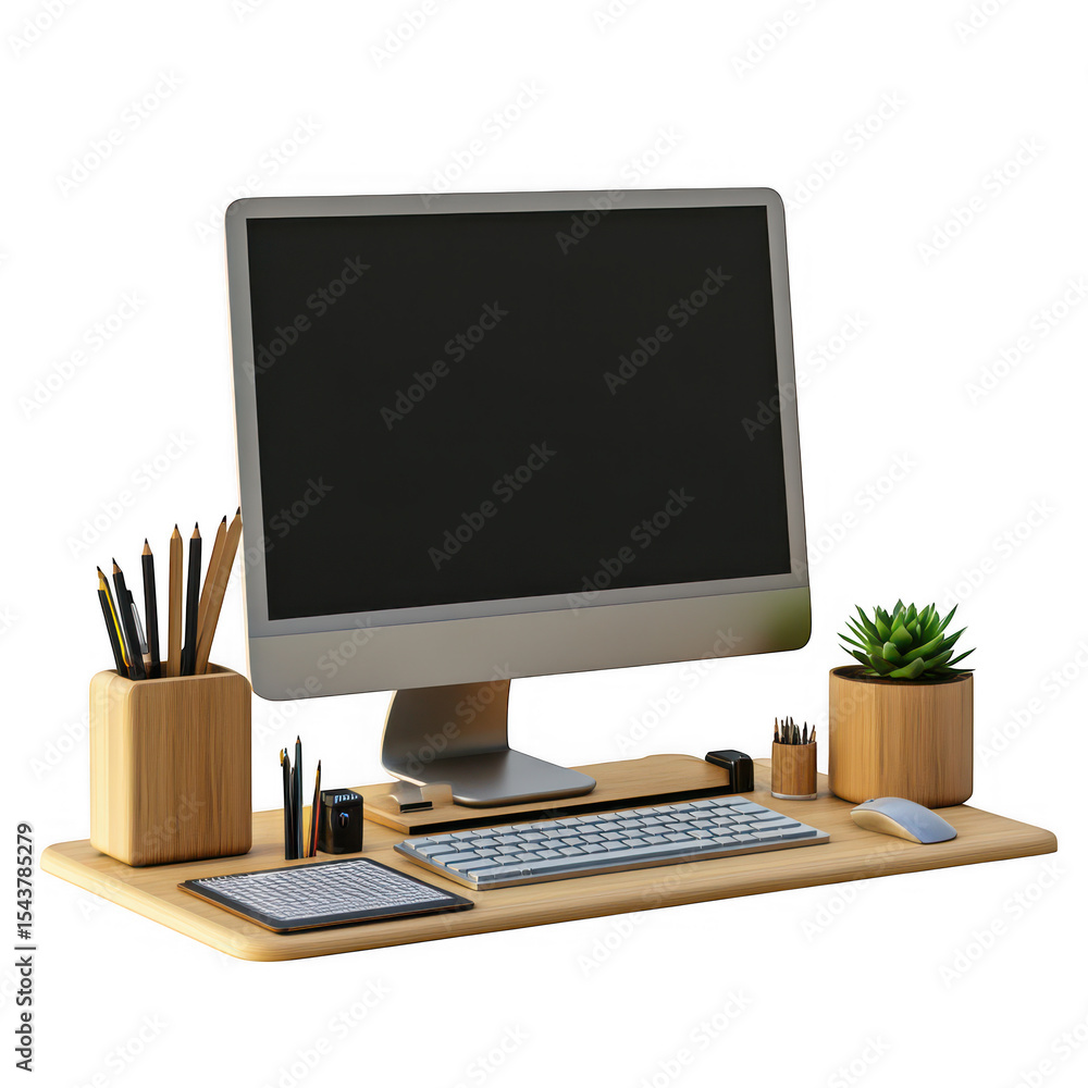 Poster Modern minimalist computer workspace setup isolated on transparent background