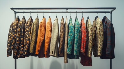 Floral and patterned blazers hanging on a rack