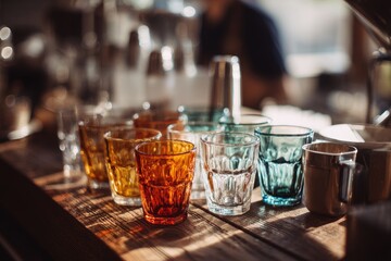 Sunlit array of colorful glassware on rustic wooden counter; various shapes and sizes