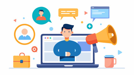 Digital Marketing Campaign Illustration Featuring Social Media Engagement Communication Promotion and a Laptop With Man On Screen