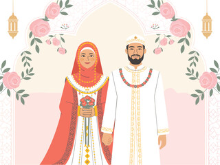 Fototapeta premium Muslim Wedding Couple A Flat Vector Illustration