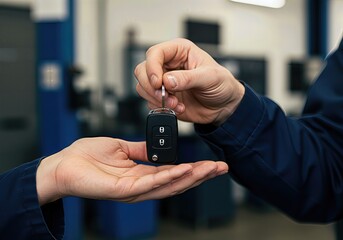 Customer handing over car keys to a mechanic for vehicle service in an auto repair shop. Automotive maintenance, trust, and customer service concept.