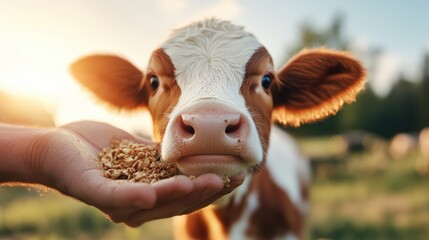 A close-up of a young calf looking curiously at a hand offering food, symbolizing the bond between humans and animals in a pastoral setting.