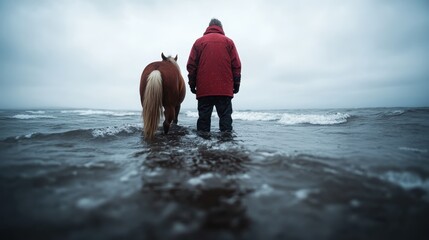 A serene scene of a person in a red jacket walking a horse along a misty shoreline captures the harmony between nature, companionship, and solitude on a tranquil day.