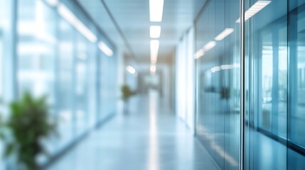 Blurred perspective of a long, empty hospital corridor with shiny blue floors and bright lighting, symbolizing a modern medical facility
