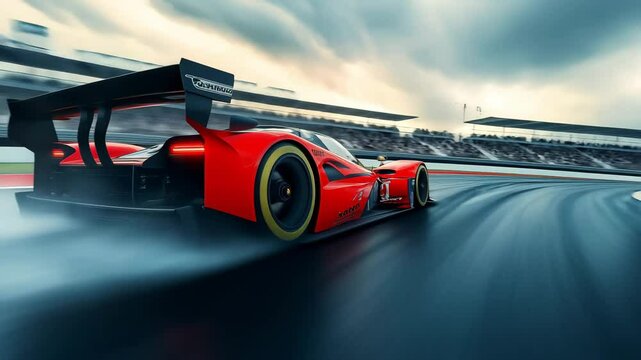 A modern racing car with high speed on racetrack in rainy day. Racing cars driving track	