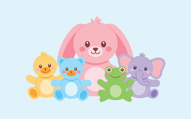 Naklejka premium Adorable Stuffed Animals Bunny, Duck, Bear, Frog, Elephant Illustration