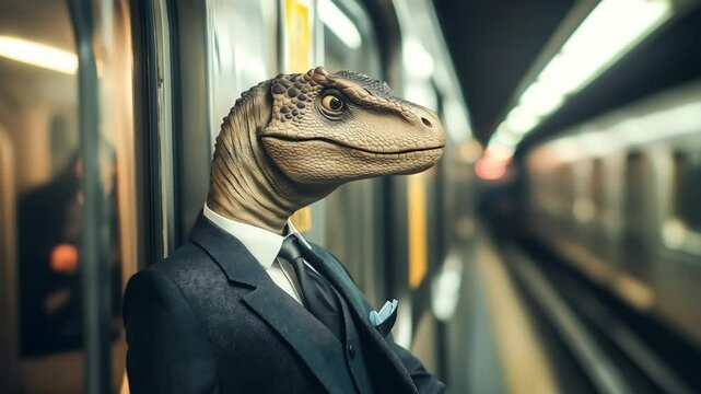A funny dinosaur in suit standing at the train in the subway	