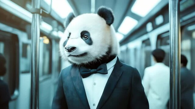 A funny panda in suit standing at the train in the subway	