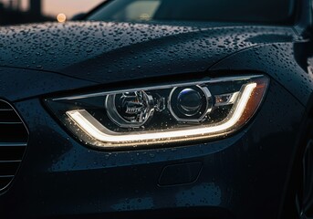 Close-up of a modern luxury car's illuminated LED headlight at dusk, with city lights in the background. Automotive design, technology, and premium vehicle concept.