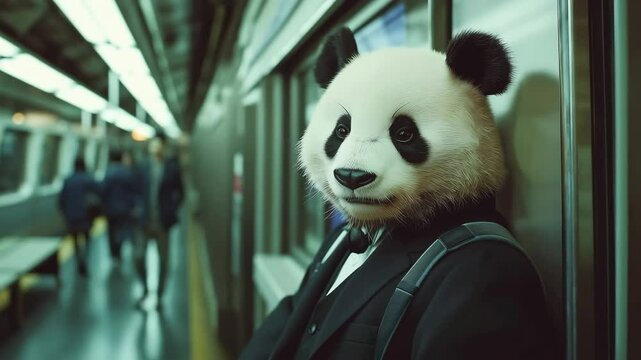 A funny panda in suit standing at the train in the subway	