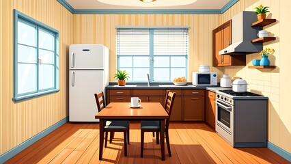 Sunny kitchen interior cartoon illustration