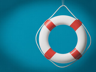Lifebuoy Hanging on Rope Against Blue Background