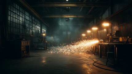 Metal workshop with glowing sparks in motion, showcasing raw industrial energy and precision craftsmanship.