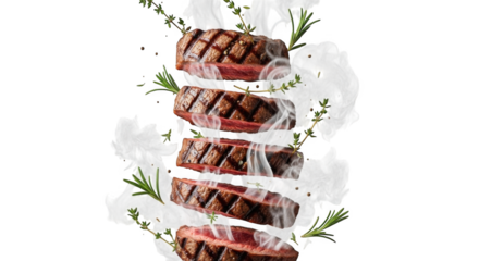 Savory Slices: Artistically arranged slices of perfectly grilled steak float, a culinary masterpiece ready to tantalize the senses. Garnished with fragrant herbs and smoky wisps.