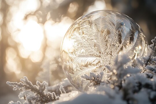 Close-up of a soap bubble with intricate patterns frozen in ice, surrounded by snow and sunlight,