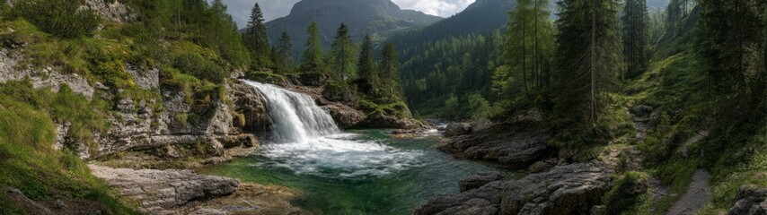 Panoramic 360 degree hdr nature scene at mountain waterfall landscape