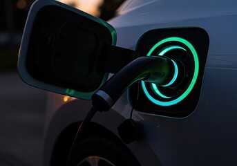 Electric car charging at night, with the illuminated power socket showing the battery charge status