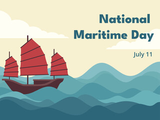 National Maritime Day vector with Zheng He on a treasure ship. Celebrates the legacy of China’s greatest explorer and naval expeditions