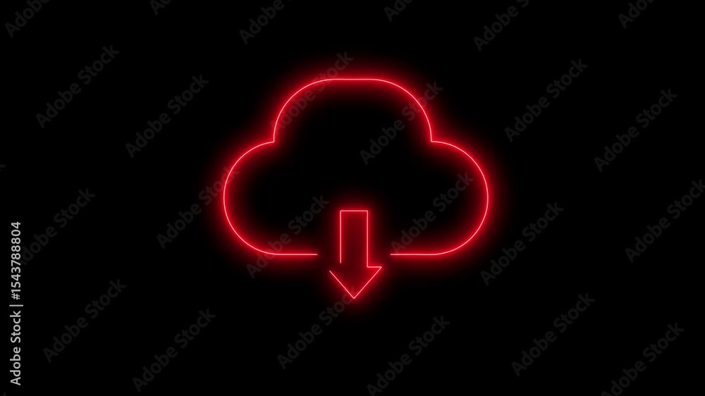 Poster cloud download icon neon animated. cloud downloading icon is represented by arrow. red color neon cl