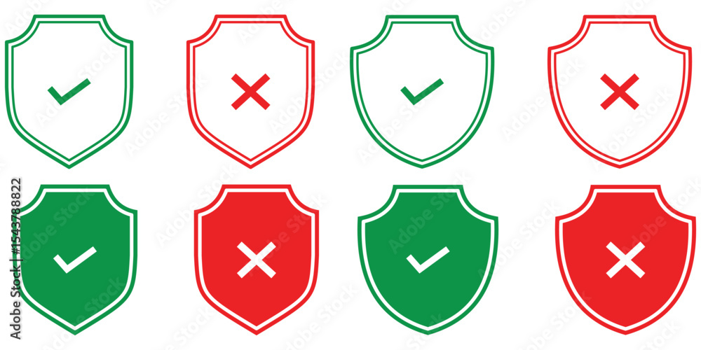 Poster shield with check mark and cross icon set with shadow. safe and unsafe sign symbol. protection and u