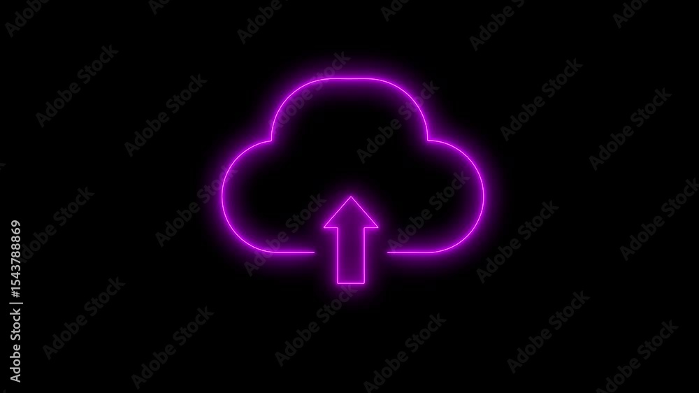 Poster neon upload icon symbol, cloud icon and neon line upload arrow icon animation on black background.cl