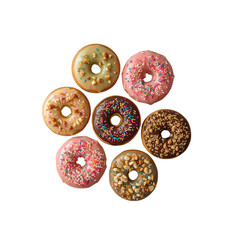 Fototapeta premium A flat lay of assorted donuts with colorful icing and toppings