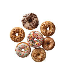 Fototapeta premium A flat lay of assorted donuts with colorful icing and toppings
