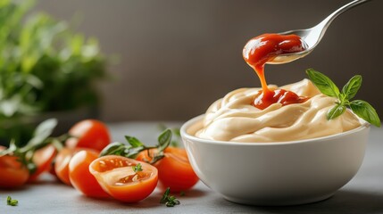 The image presents a bowl of creamy condiment garnished with fresh ingredients like cherry tomatoes and herbs, illustrating the pleasure of culinary artistry in food preparation.