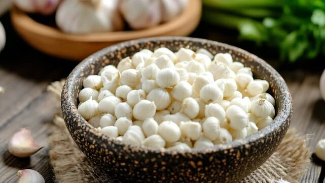 Peeled garlic cloves are presented in a bowl, ready for use in various culinary applications, with fresh garlic and herbs in the background