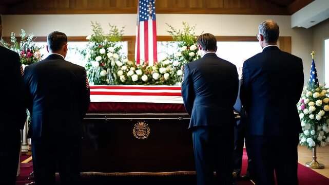 A solemn funeral scene with a casket and grieving attendees.