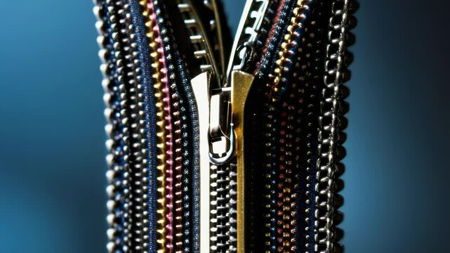 A close-up shot of a blue zipper on a clean background