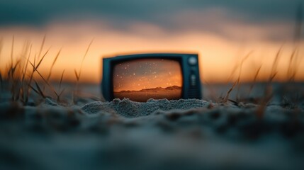 Fototapeta premium This captivating image features an old-fashioned television set resting on the sandy ground, displaying a stunning sunset landscape, symbolizing nostalgia and imagination.