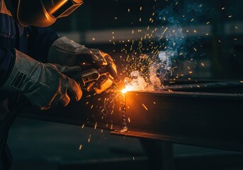Industrial welder with protective gloves performs arc welding on a steel beam, creating bright sparks. Metalwork, fabrication, and manufacturing concept.