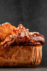 Brioche sweet baked dessert fluffy baked goods fresh delicious gourmet food background on the table rustic food top view copy space