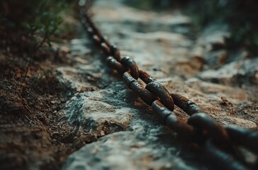 Close-up of an old, rusty chain on the ground, symbolizing strong and enduring imagery.