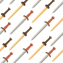 Diagonal seamless pattern with gladius style sword. Hand drawn flat style illustration for textile, wrapping paper, projects in a historical or fantasy theme