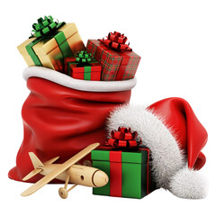 Festive Santa Sack Overflowing with Christmas Presents and a Wooden Toy Airplane