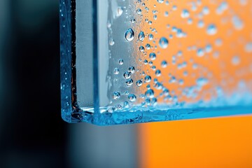 Close-up of a blue, transparent acrylic sheet on an orange wall, with a close-up of the edge of one corner,